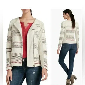 LUCKY BRAND Embroidered Zip Moto Jacket Jacquard Cotton Geometric Size XS